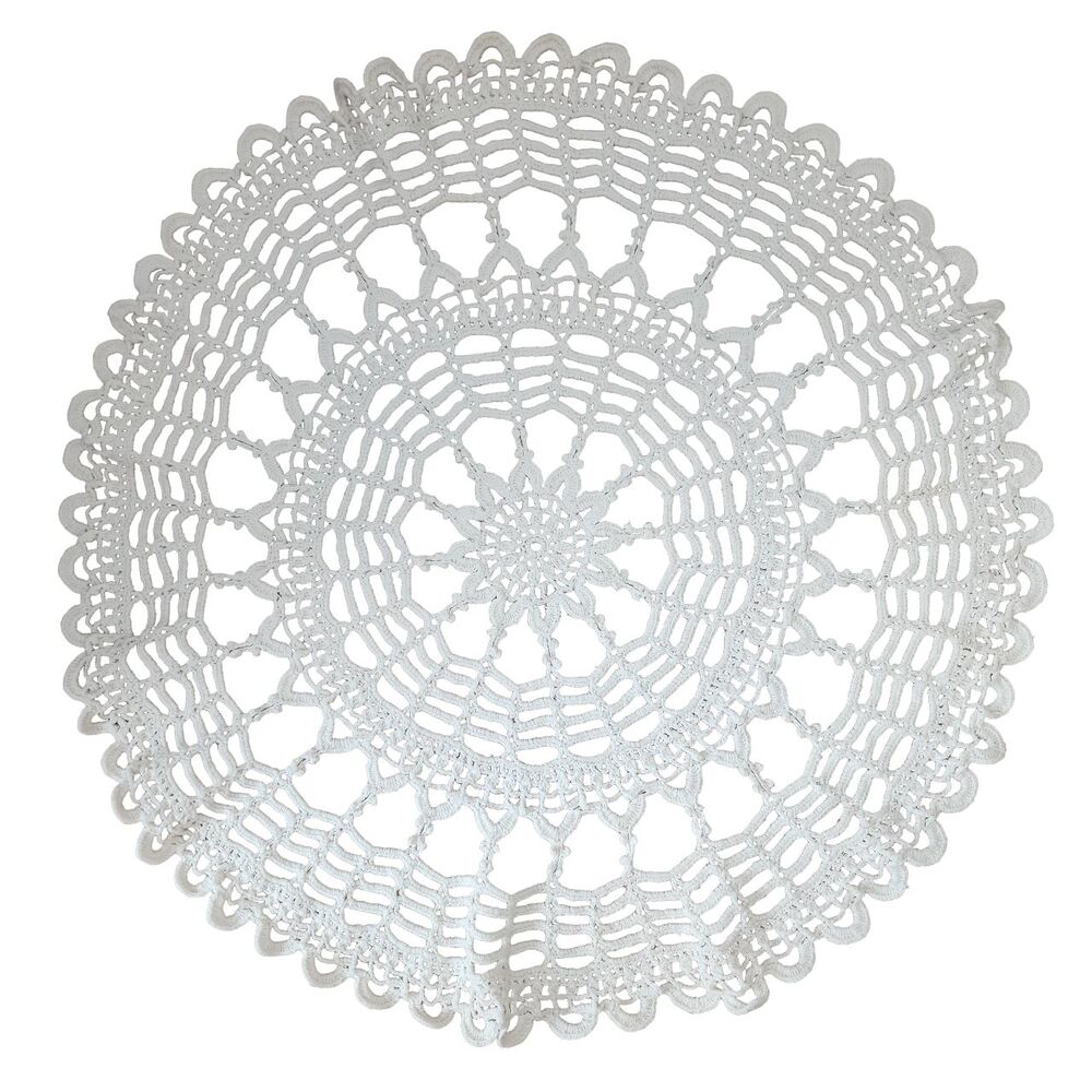 Crochet Doily White Cotton Round Handmade 22" Table Centerpiece Romantic Retro